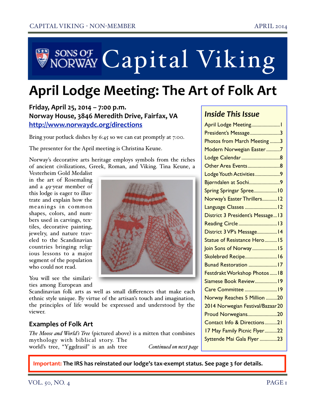 CAPITAL VIKING - NON-MEMBER�APRIL 2014 Capital Viking April Lodge Meeting: the Art of Folk Art Friday, April 25, 2014 – 7:00 P.M