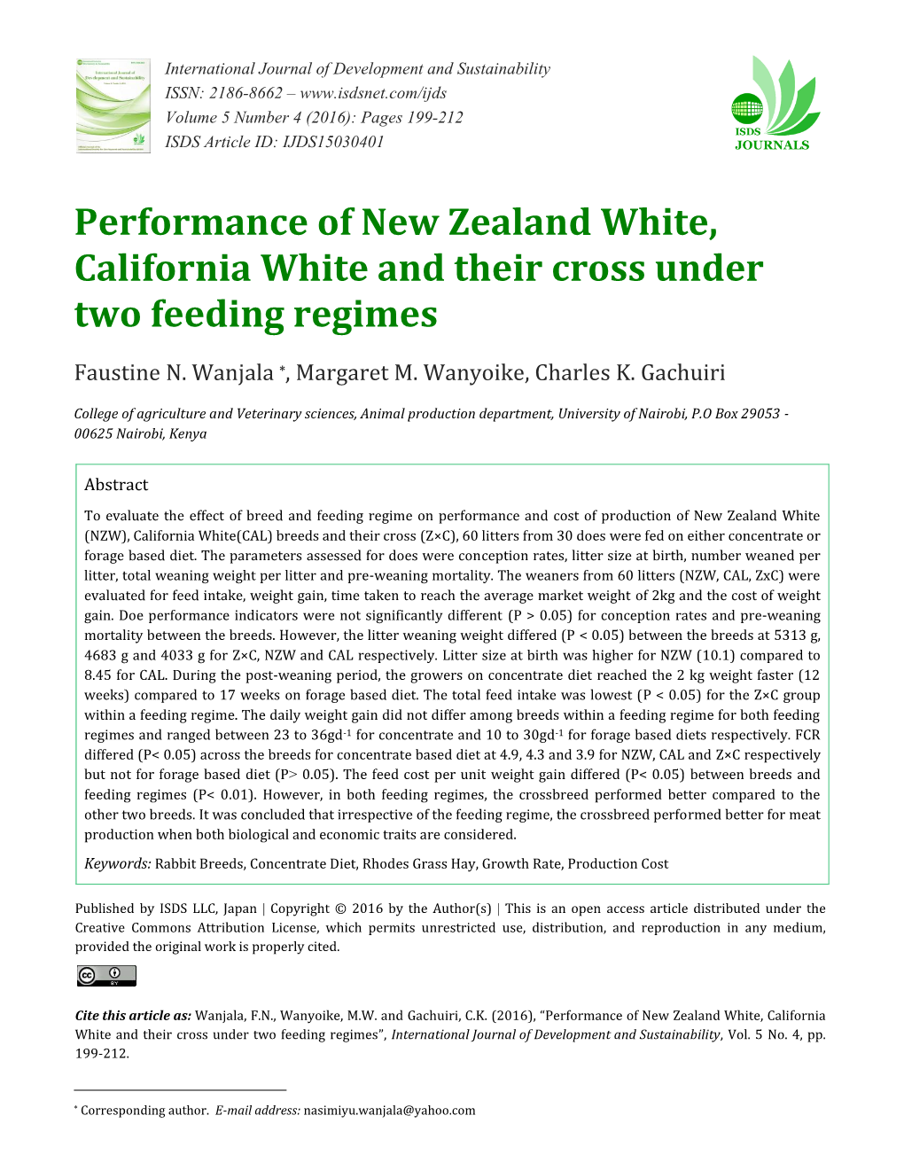 Performance of New Zealand White, California White and Their Cross Under Two Feeding Regimes