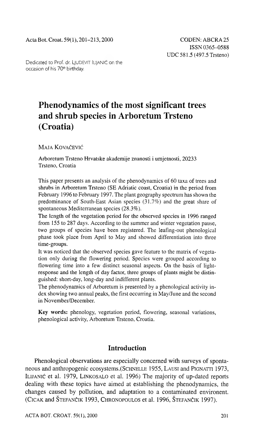 Phenodynamics of the Most Significant Trees and Shrub Species in Arboretum Trsteno (Croatia)
