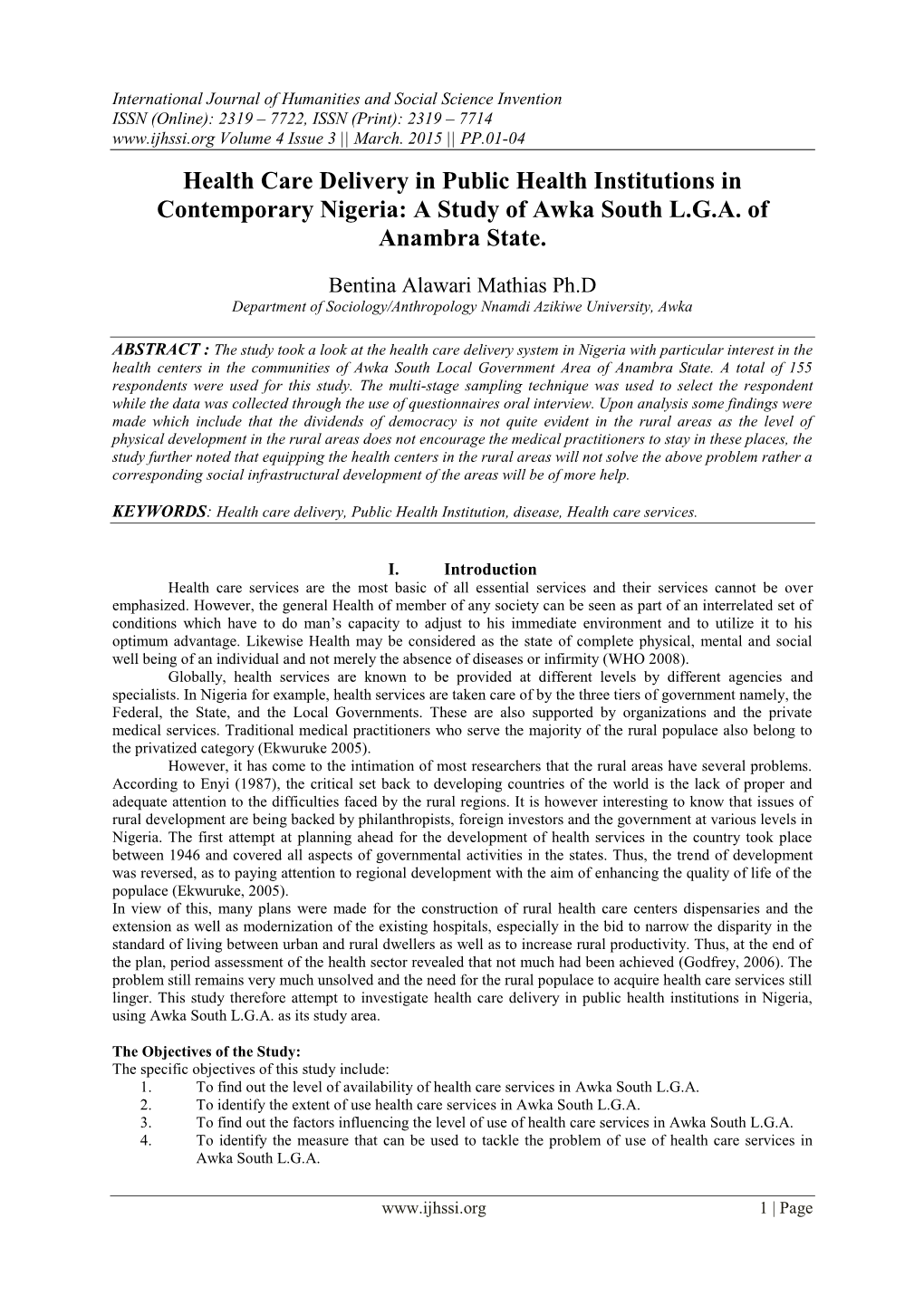 Health Care Delivery in Public Health Institutions in Contemporary Nigeria: a Study of Awka South L.G.A