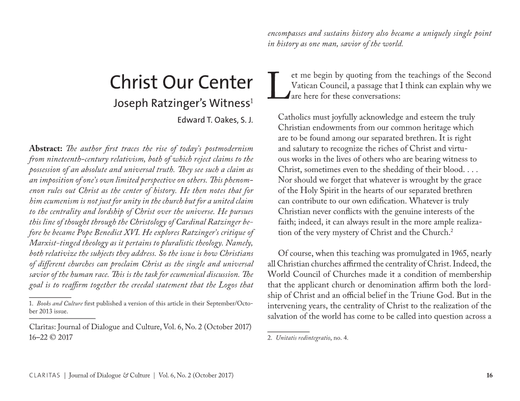 Christ Our Center: Joseph Ratzinger's Witness