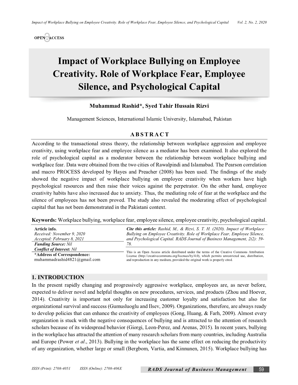 Impact of Workplace Bullying on Employee Creativity. Role of Workplace Fear, Employee Silence, and Psychological Capital Vol