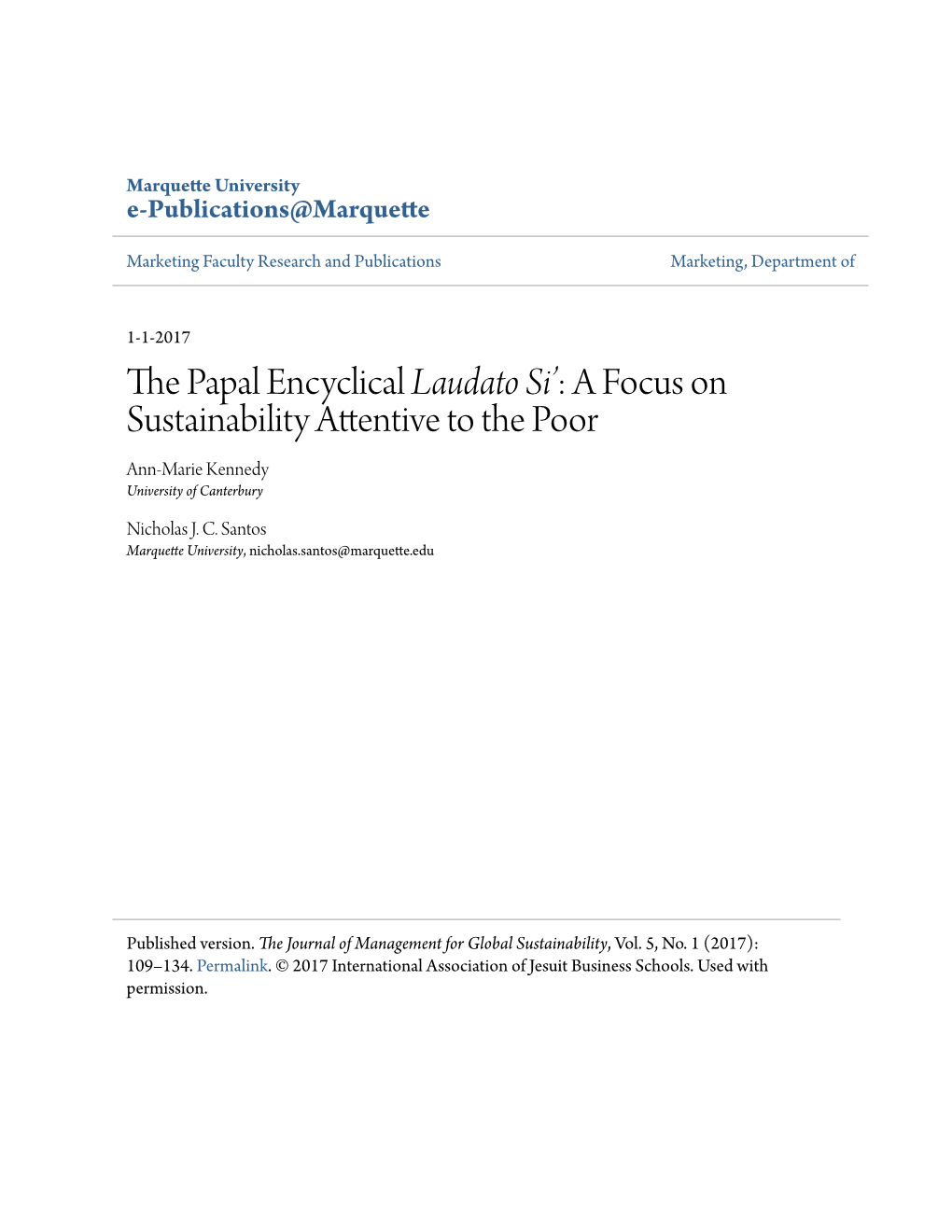 The Papal Encyclical &lt;Em&gt;Laudato Si'&lt;/Em&gt;: a Focus on Sustainability