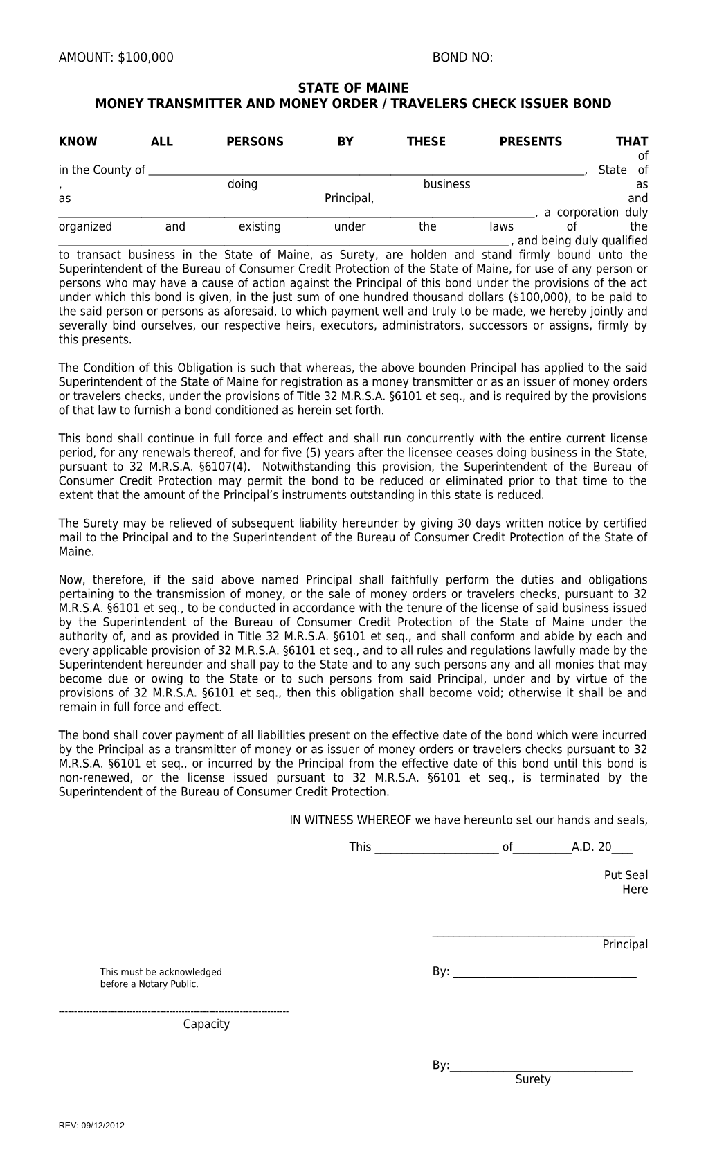 Money Transmitter and Money Order / Travelers Check Issuer Bond