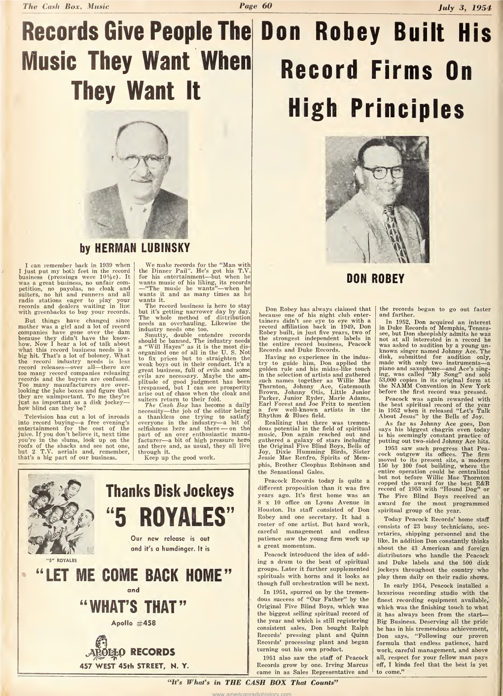 Cash Box Music Page 60 , July 3 , 1954 Records Give People the Don Robey Built His Music They Want When Record Firms on They Want It High Principles
