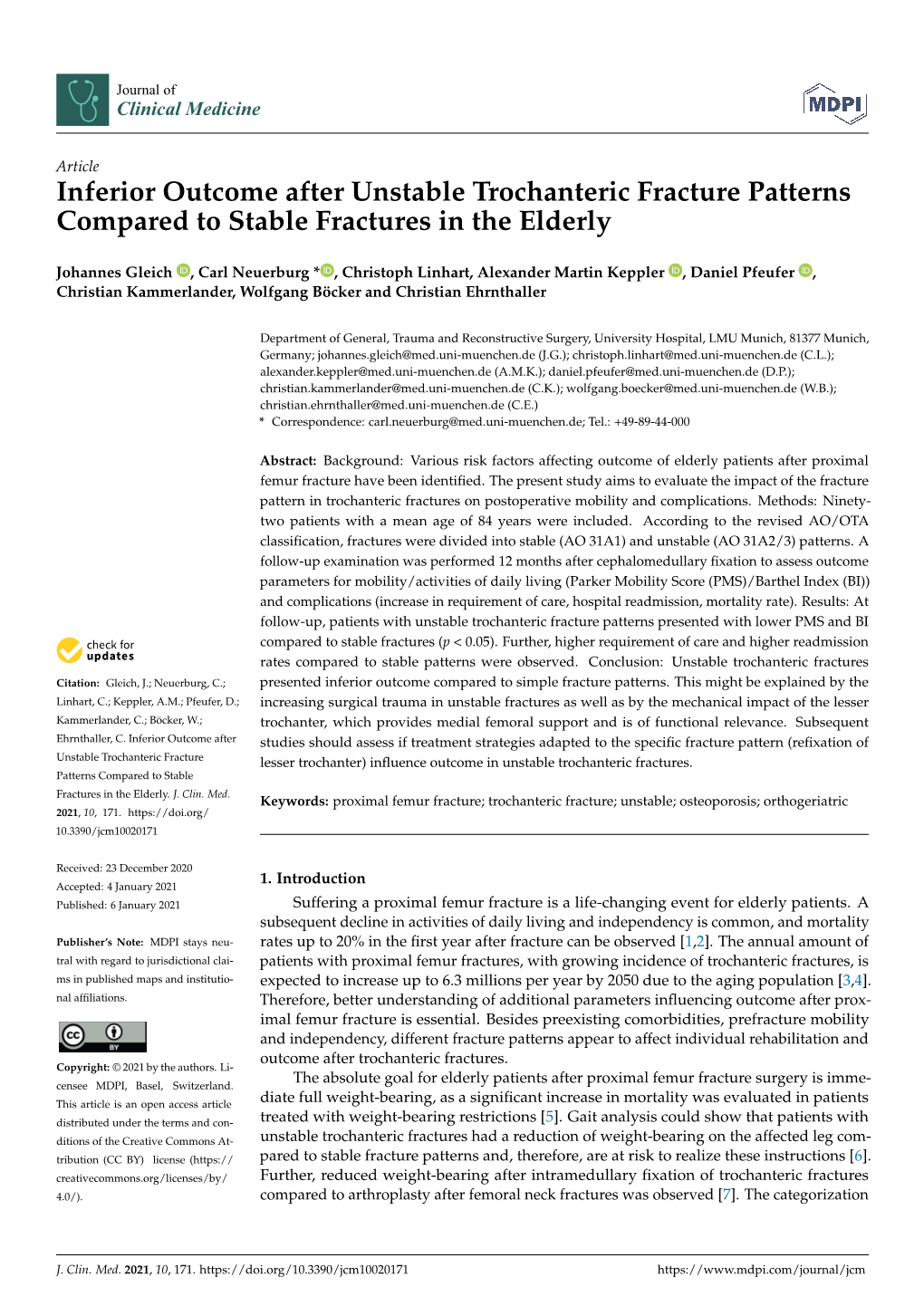 Inferior Outcome After Unstable Trochanteric Fracture Patterns Compared to Stable Fractures in the Elderly