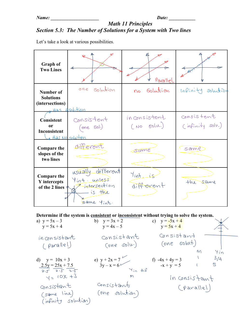 Section 5.3: the Number of Solutions for a System with Two Lines