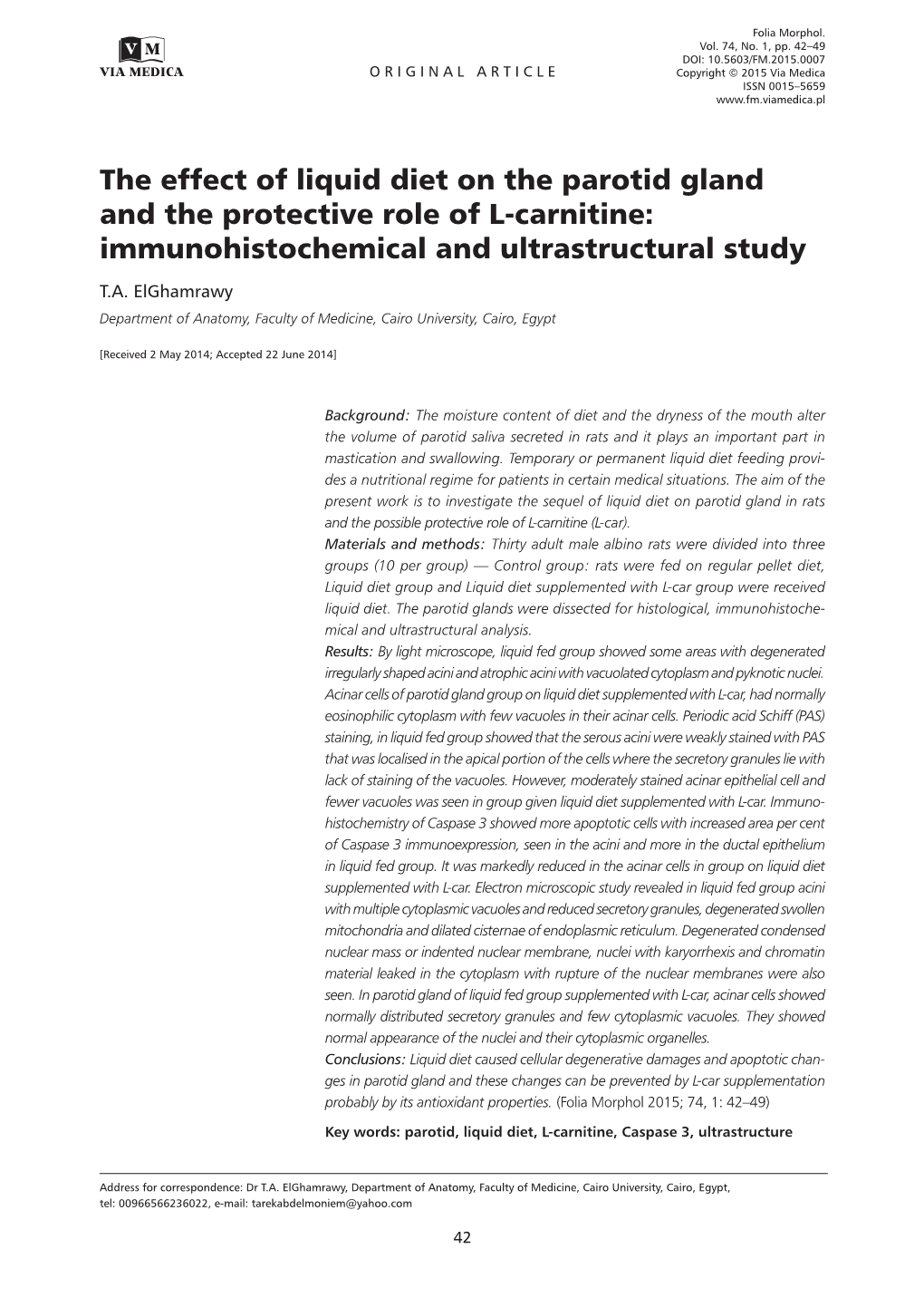 The Effect of Liquid Diet on the Parotid Gland and the Protective Role of L-Carnitine: Immunohistochemical and Ultrastructural Study T.A