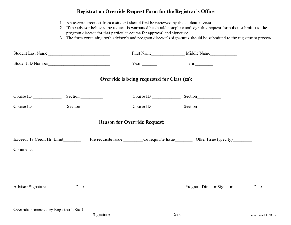 Override Request for the Registrar S Office