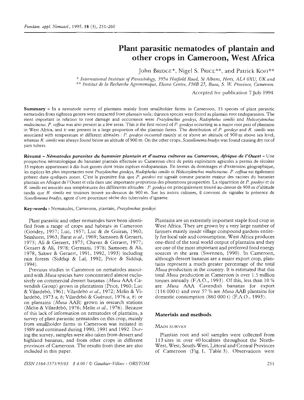 Plant Parasitic Nematodes of Plantain and Other Crops in Cameroon, West Africa