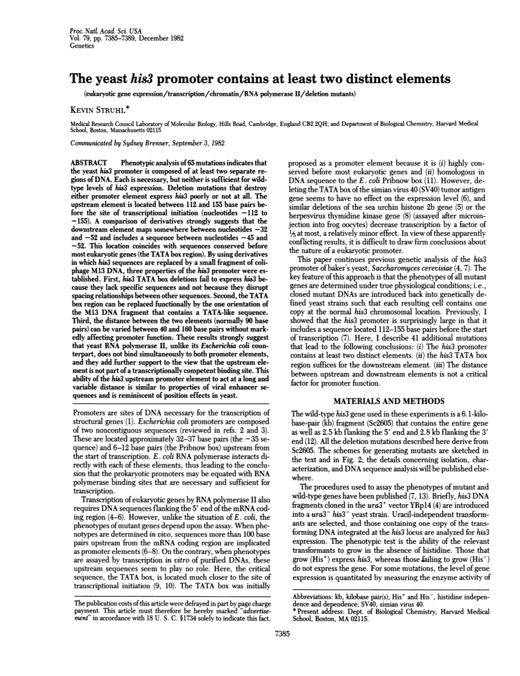 The Yeast His3 Promoter Contains at Least Two Distinct Elements