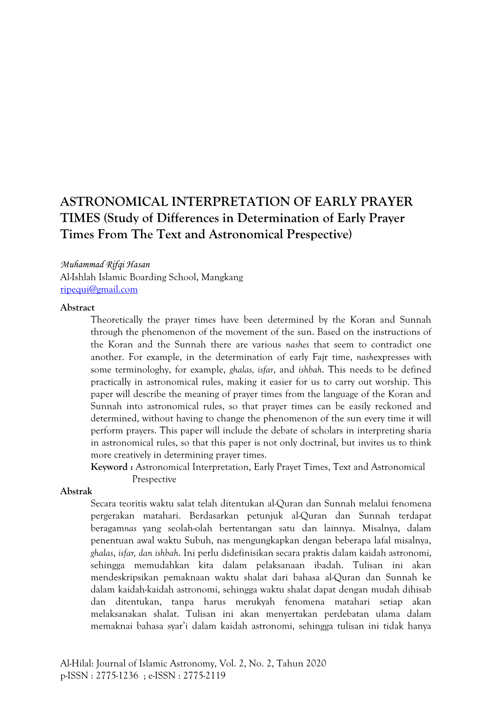 ASTRONOMICAL INTERPRETATION of EARLY PRAYER TIMES (Study of Differences in Determination of Early Prayer Times from the Text and Astronomical Prespective)