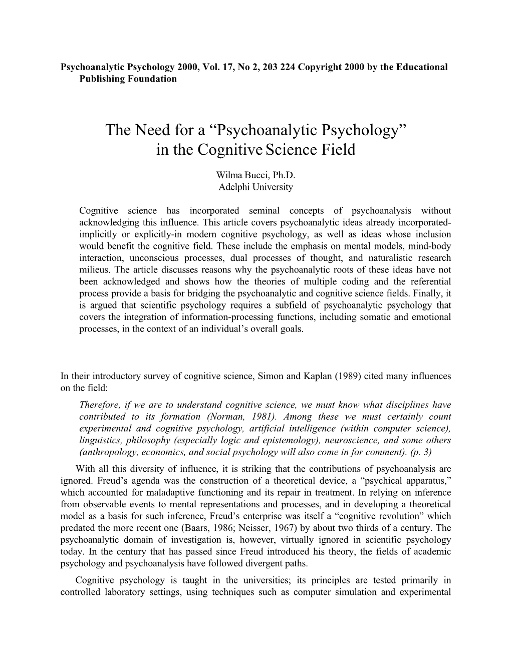 The Need for a “Psychoanalytic Psychology” in the Cognitive Science Field