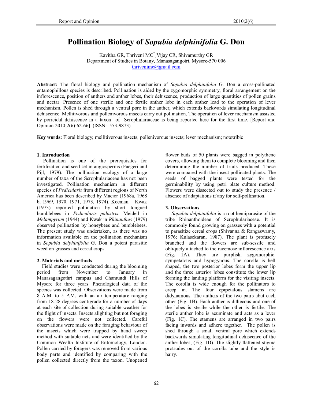 Pollination Biology of Sopubia Delphinifolia G. Don