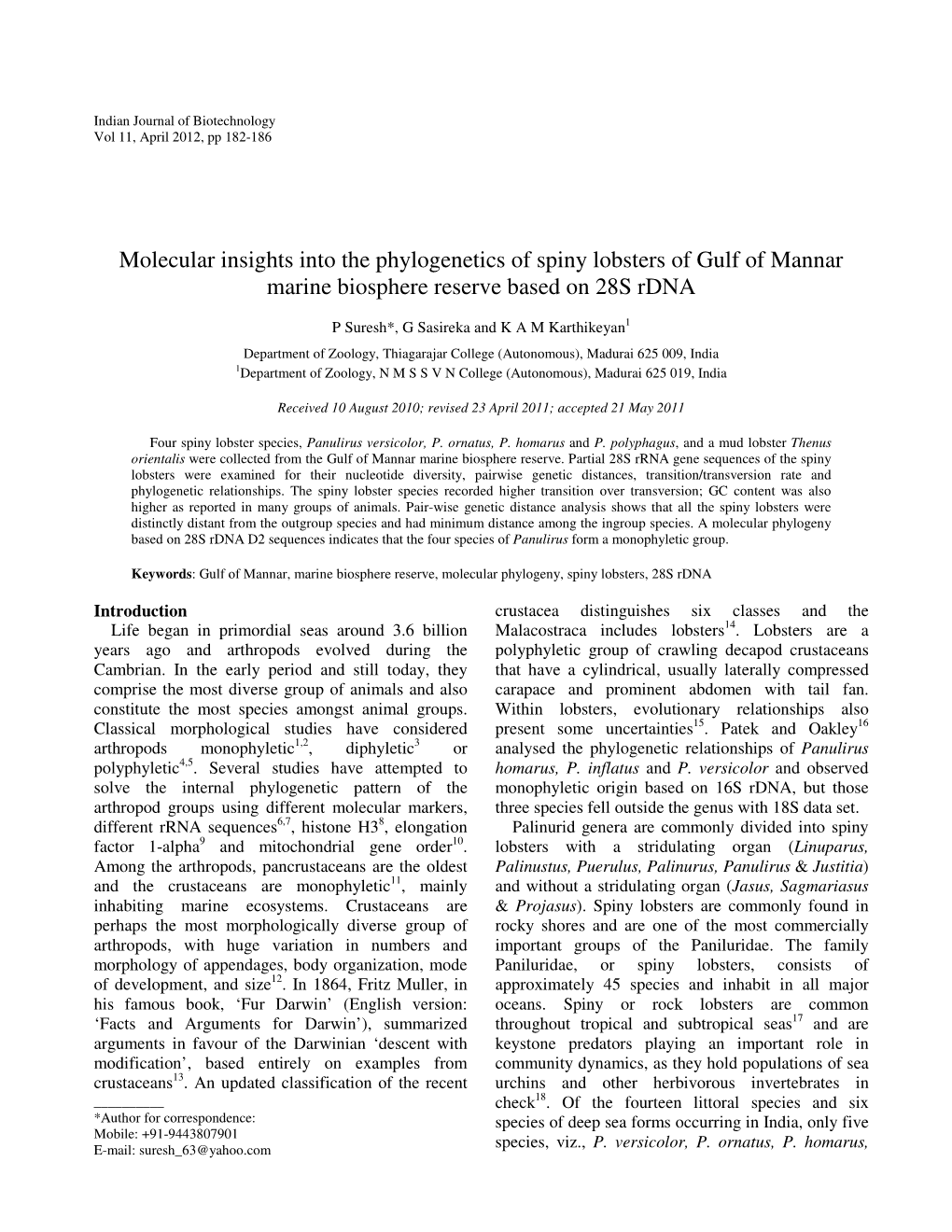 Molecular Insights Into the Phylogenetics of Spiny Lobsters of Gulf of Mannar Marine Biosphere Reserve Based on 28S Rdna