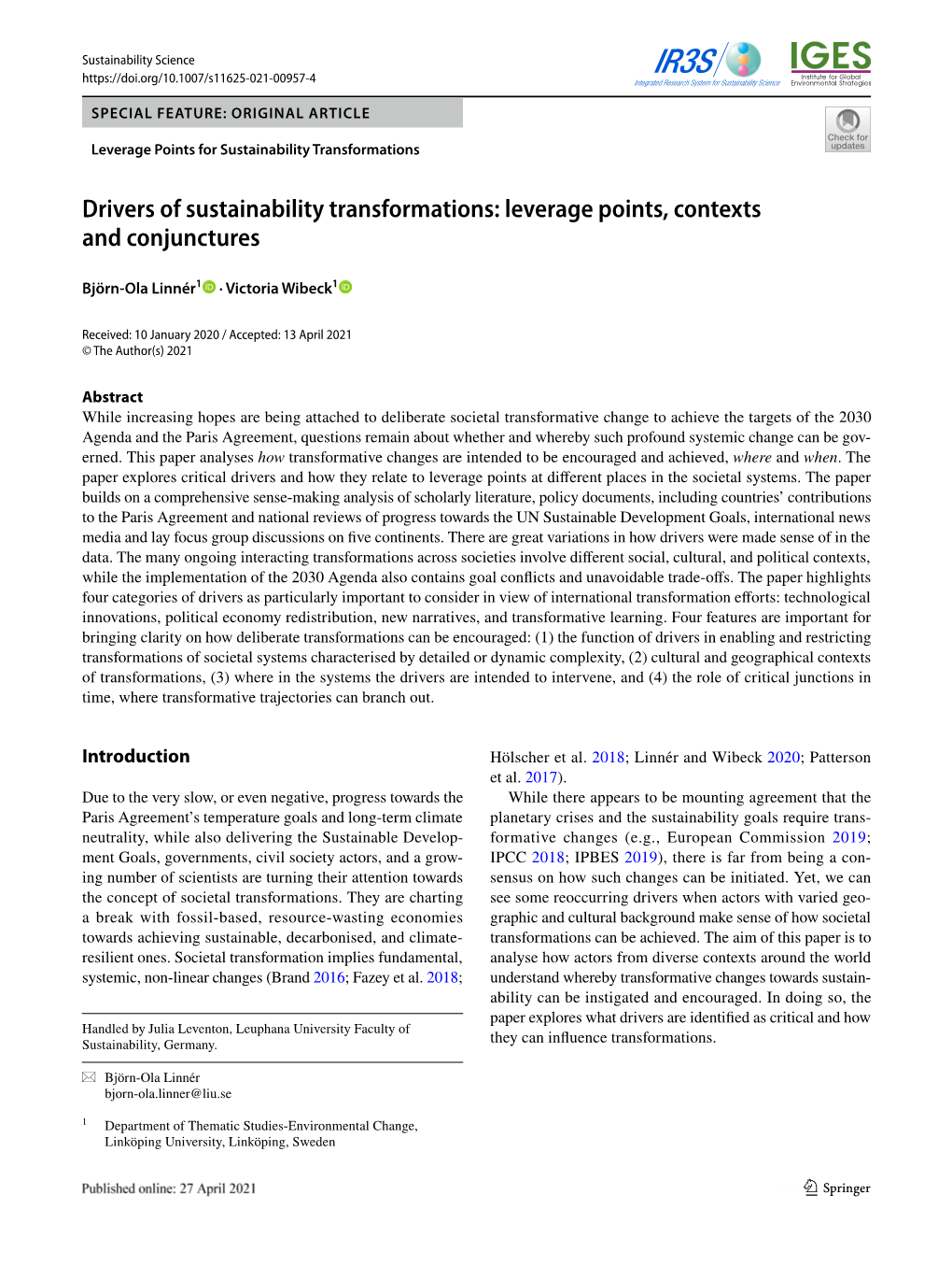 Drivers of Sustainability Transformations: Leverage Points, Contexts and Conjunctures