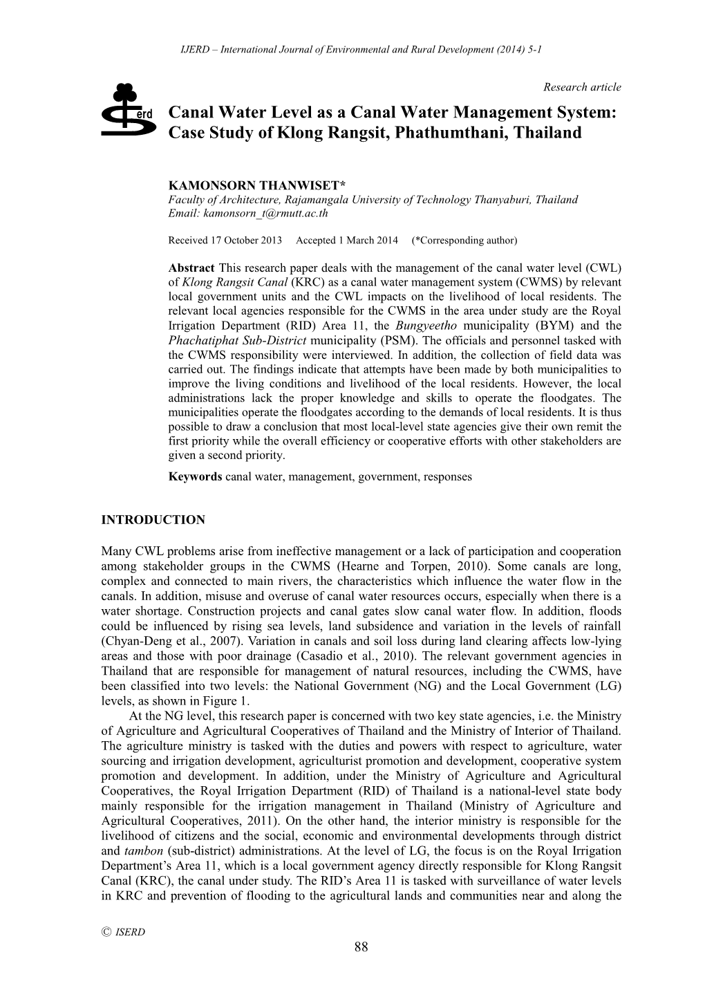 Canal Water Level As a Canal Water Management System: Case Study of Klong Rangsit, Phathumthani, Thailand