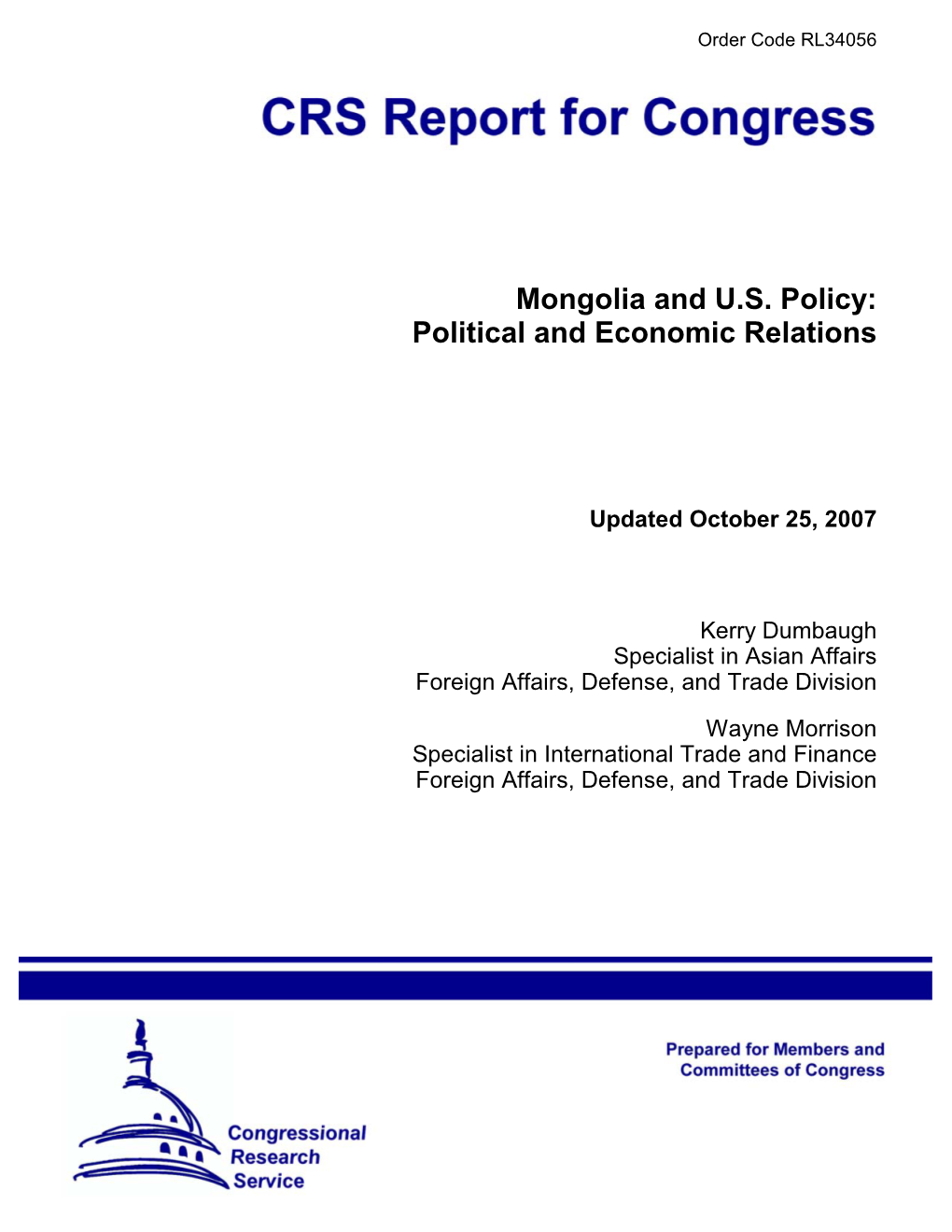 Mongolia and U.S. Policy: Political and Economic Relations