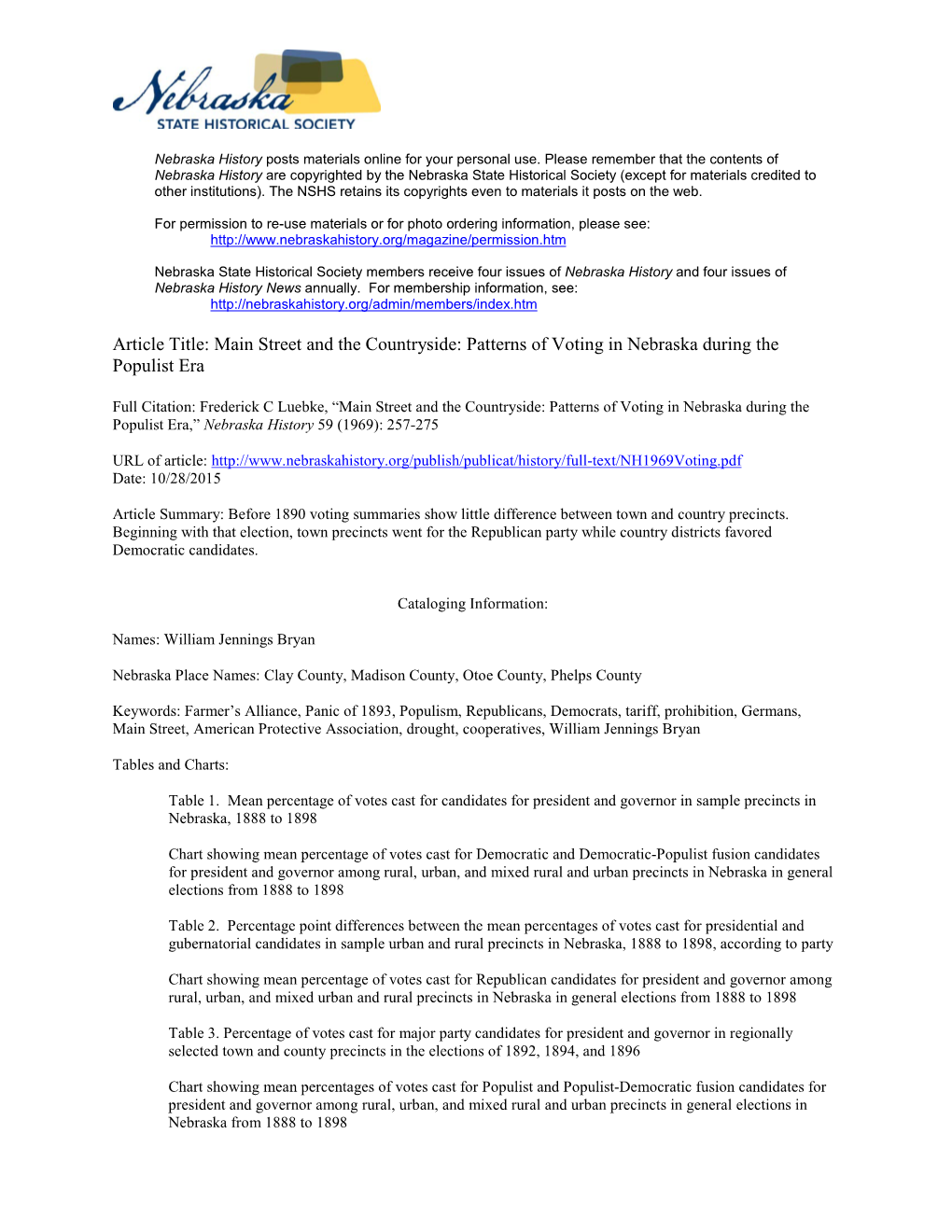 Patterns of Voting in Nebraska During the Populist Era