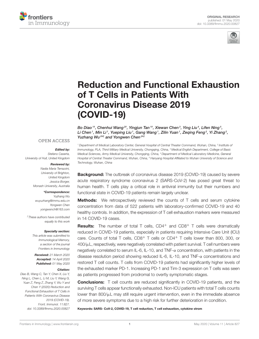 Reduction and Functional Exhaustion of T Cells in Patients with Coronavirus Disease 2019 (COVID-19)