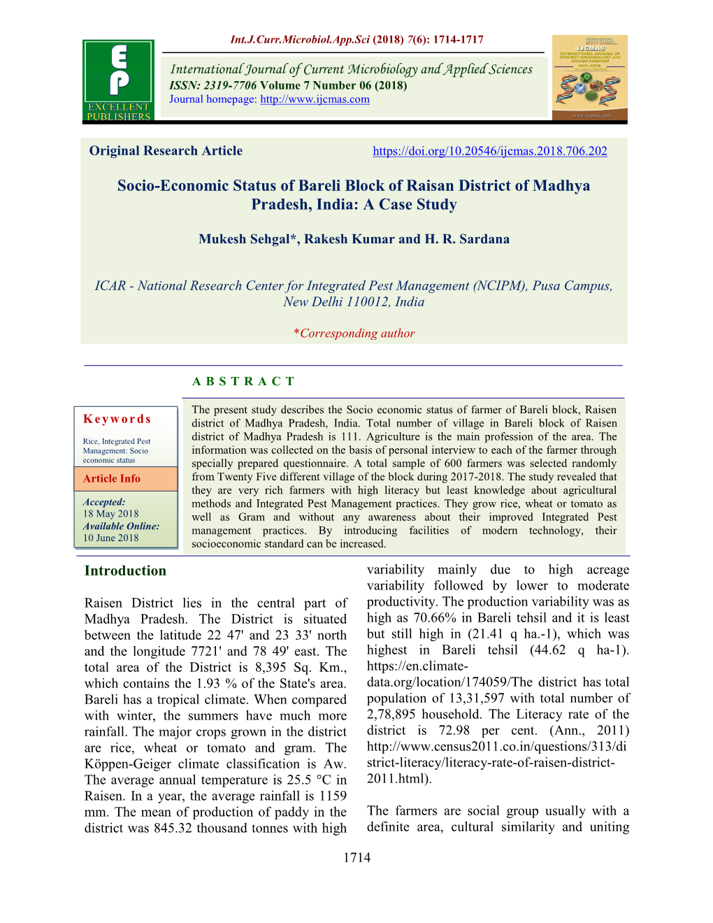 Socio-Economic Status of Bareli Block of Raisan District of Madhya Pradesh, India: a Case Study