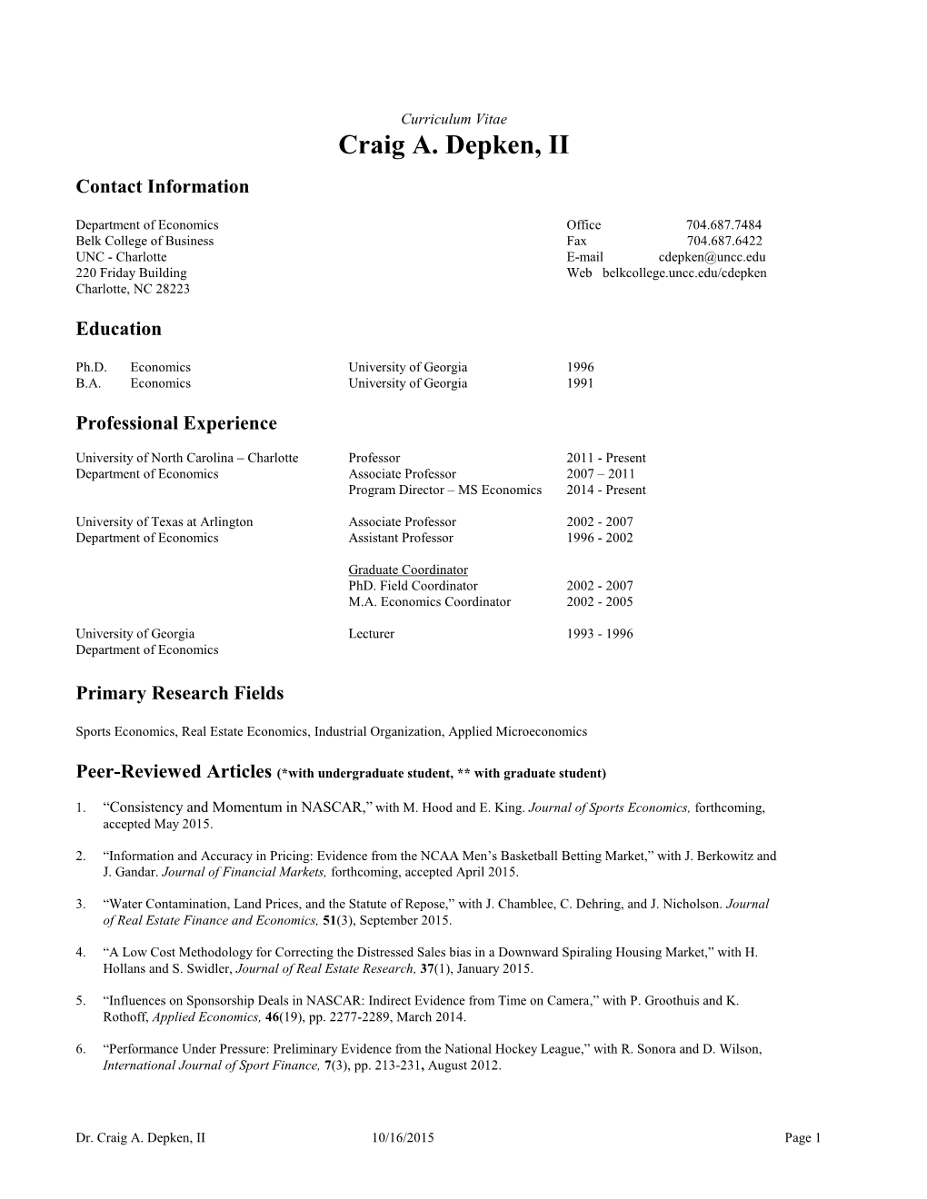 Curriculum Vitae Craig A