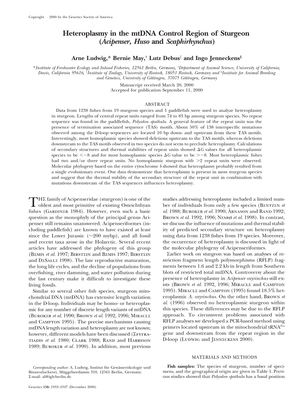 Heteroplasmy in the Mtdna Control Region of Sturgeon (Acipenser, Huso and Scaphirhynchus)