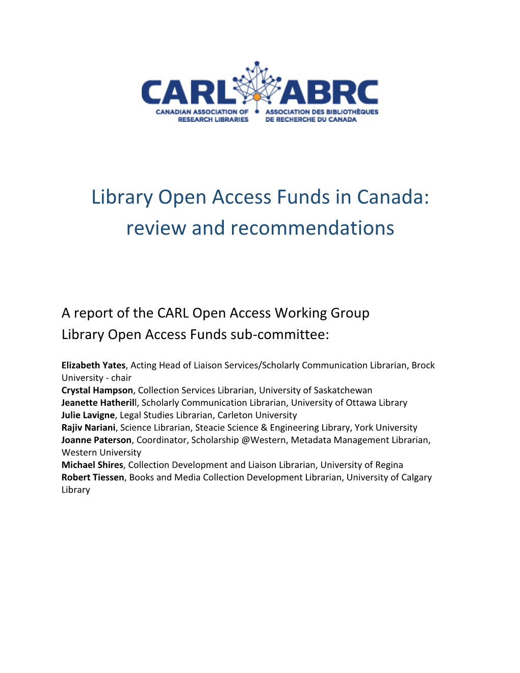 Library Open Access Funds in Canada: Review and Recommendations