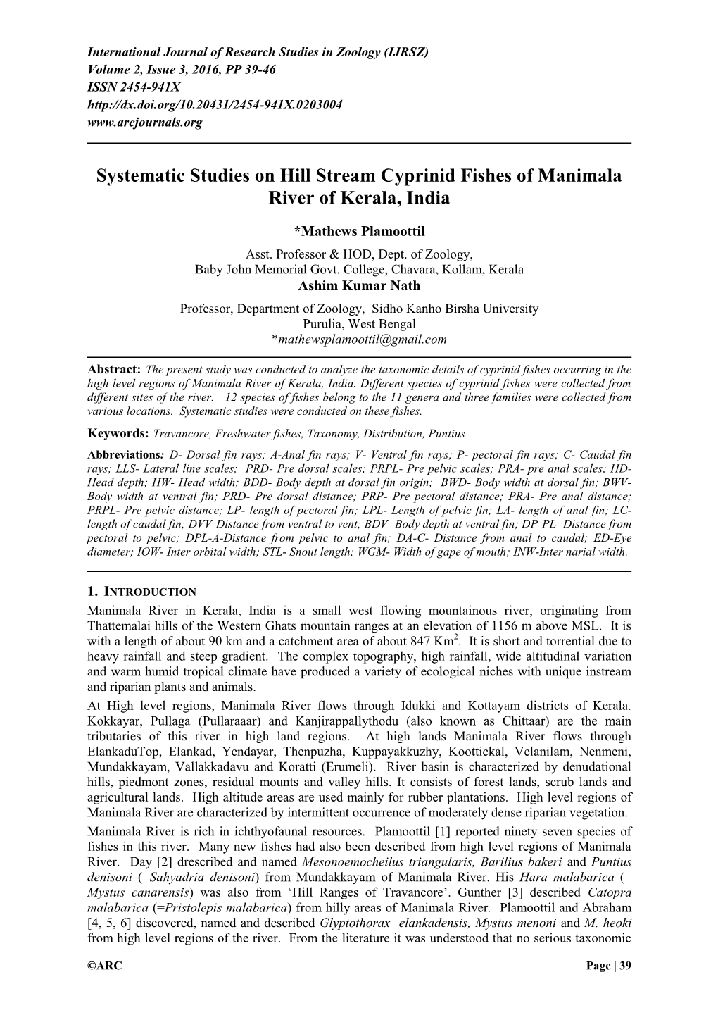 Systematic Studies on Hill Stream Cyprinid Fishes of Manimala River of Kerala, India
