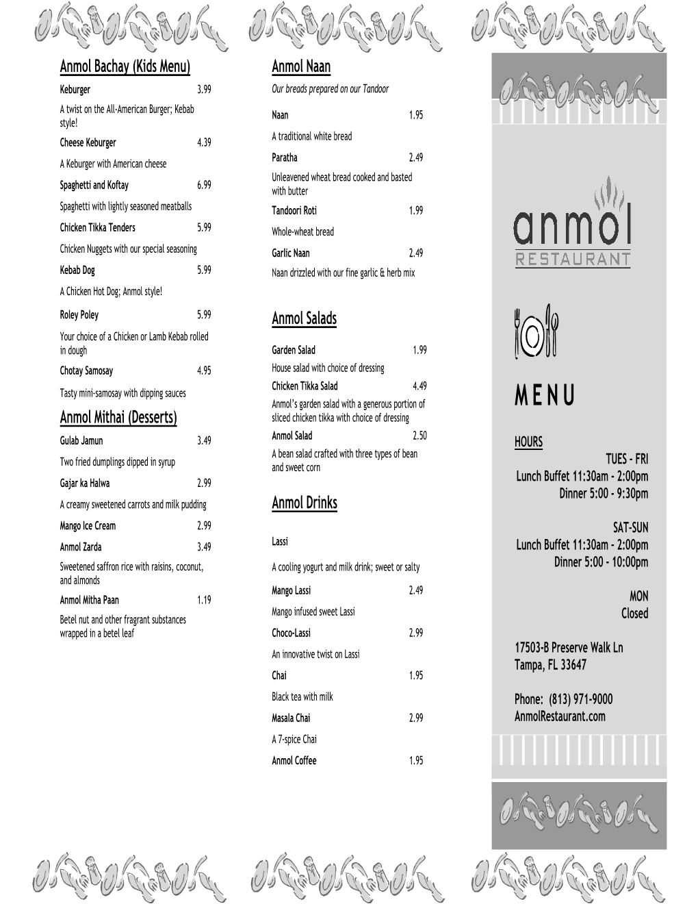 Anmol Restaurant Takeout Menu