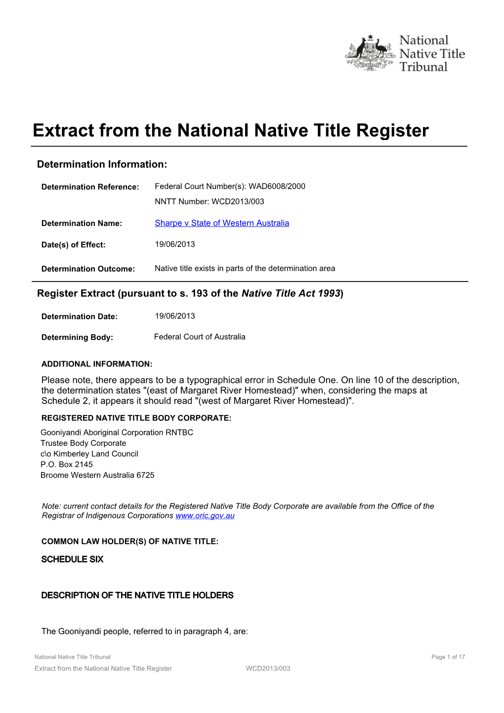 Extract from the National Native Title Register