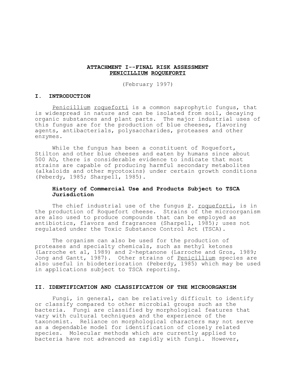 Us Epa, Attachment I--Final Risk Assessment Penicillium Roqueforti