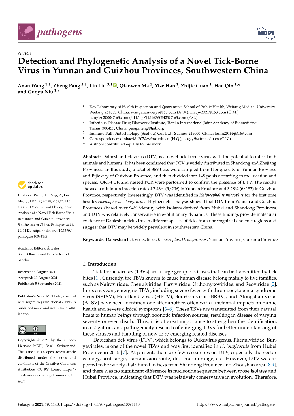 Detection and Phylogenetic Analysis of a Novel Tick-Borne Virus in Yunnan and Guizhou Provinces, Southwestern China