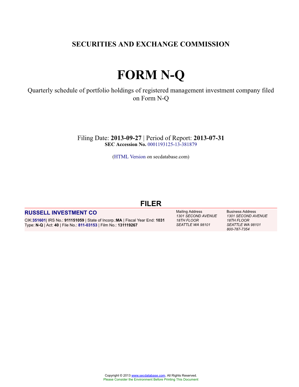 RUSSELL INVESTMENT CO Form N-Q Filed 2013-09-27