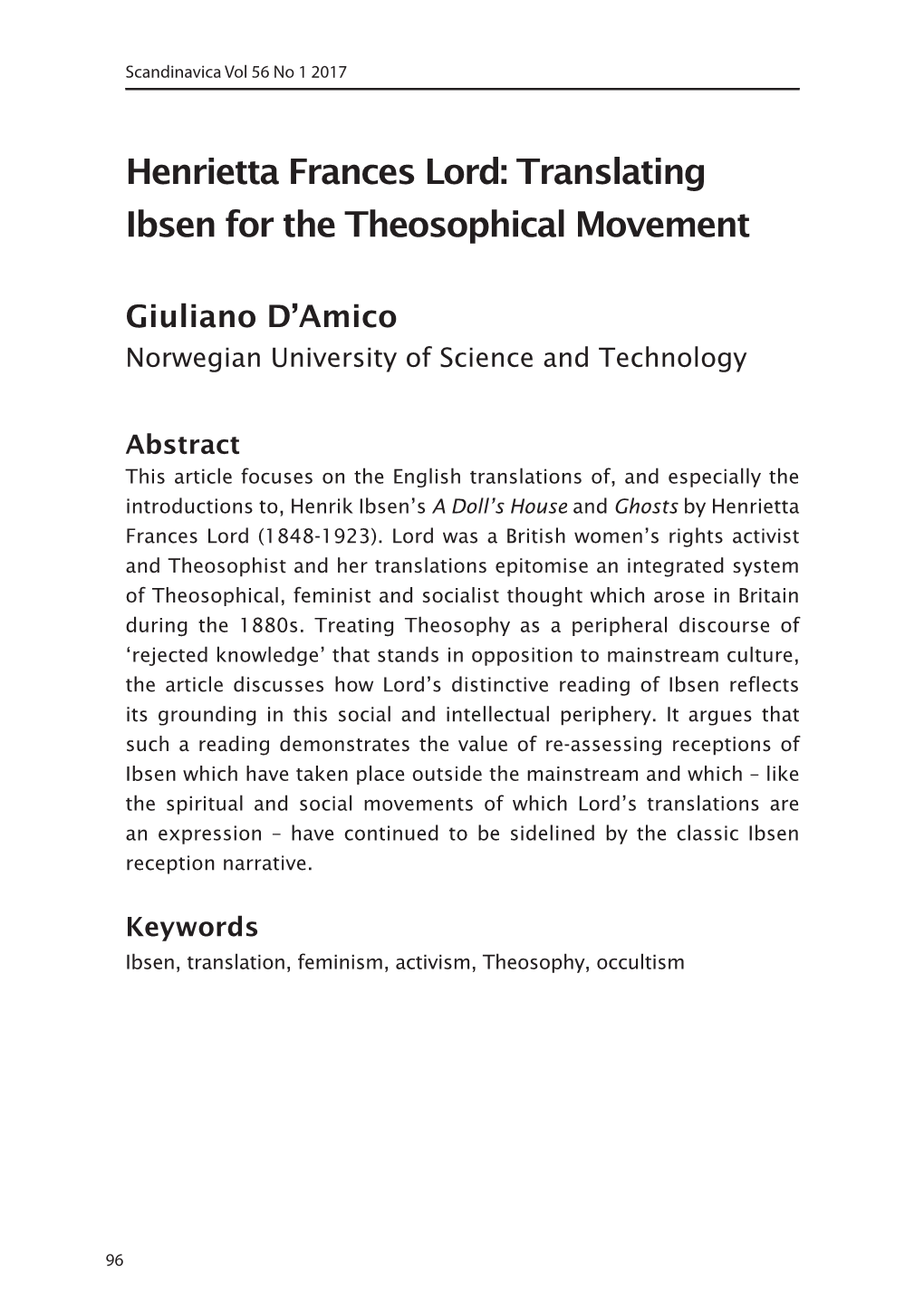 Henrietta Frances Lord: Translating Ibsen for the Theosophical Movement