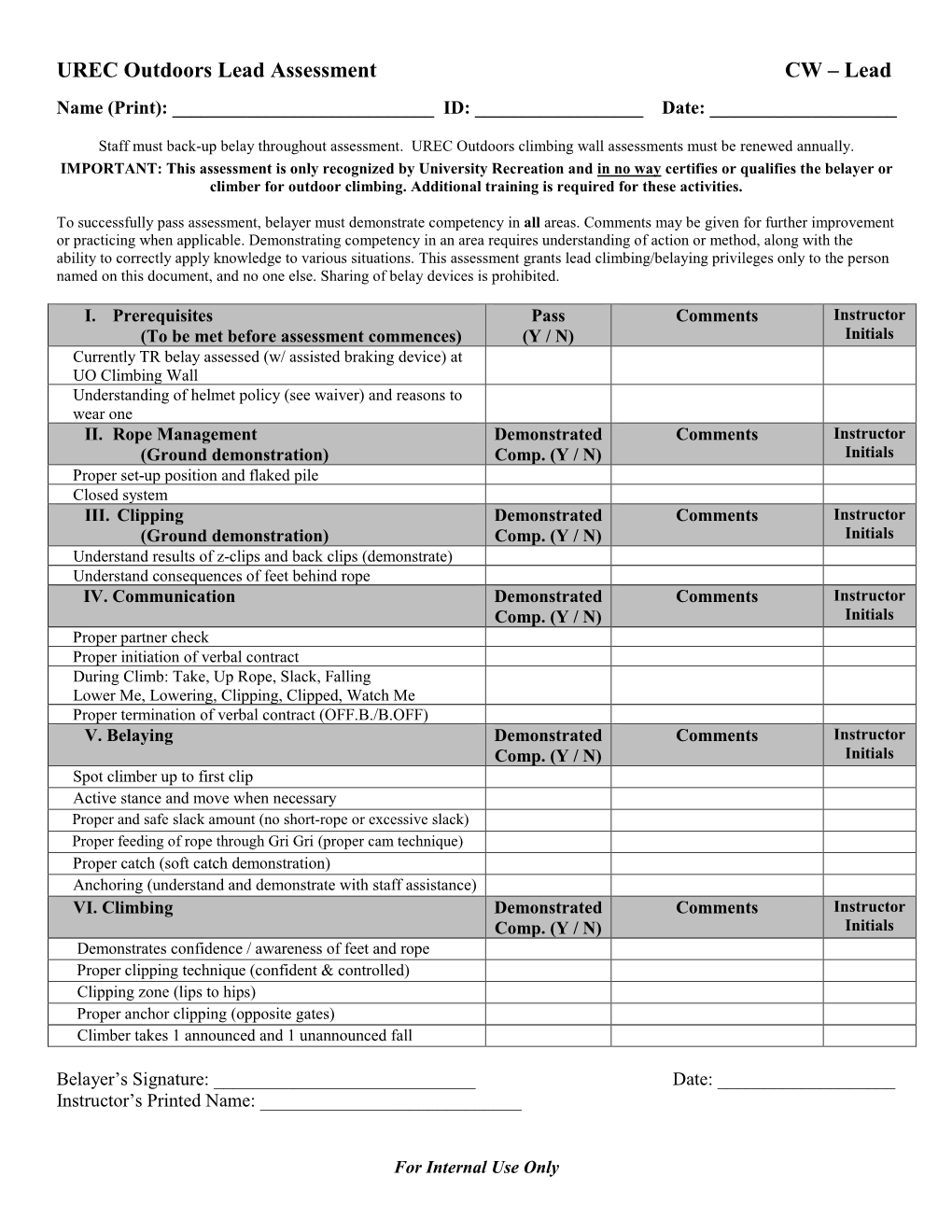 Lead Climbing Assessment Requirements