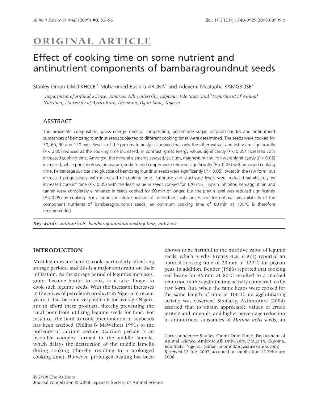 ORIGINAL ARTICLE Effect of Cooking Time on Some Nutrient and Antinutrient Components of Bambaragroundnut Seeds