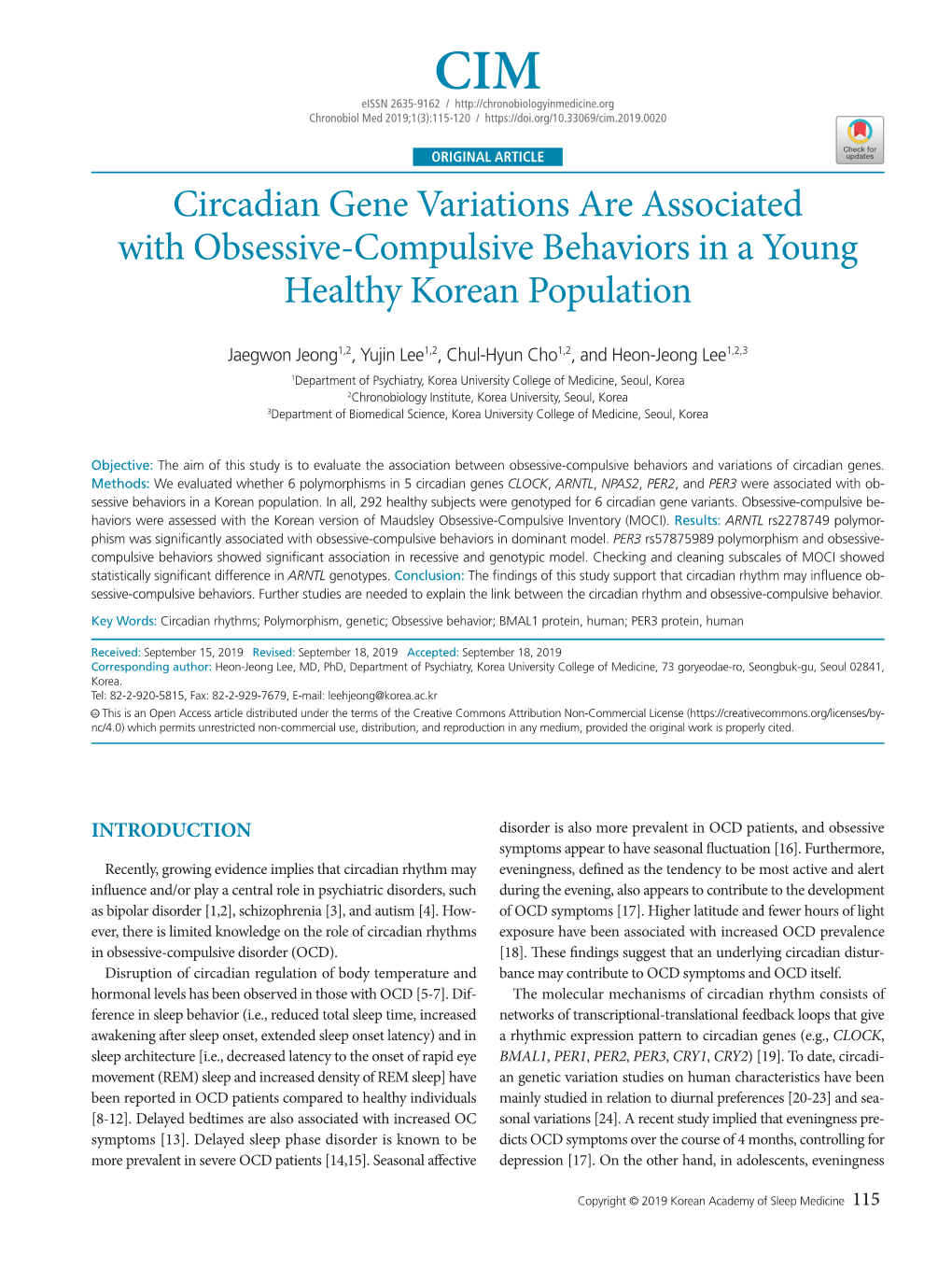 Circadian Gene Variations Are Associated with Obsessive-Compulsive Behaviors in a Young Healthy Korean Population