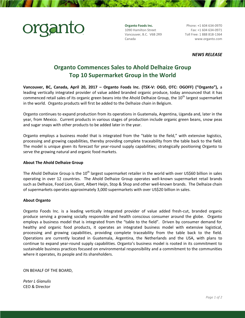 Organto Commences Sales to Ahold Delhaize Group Top 10 Supermarket Group in the World