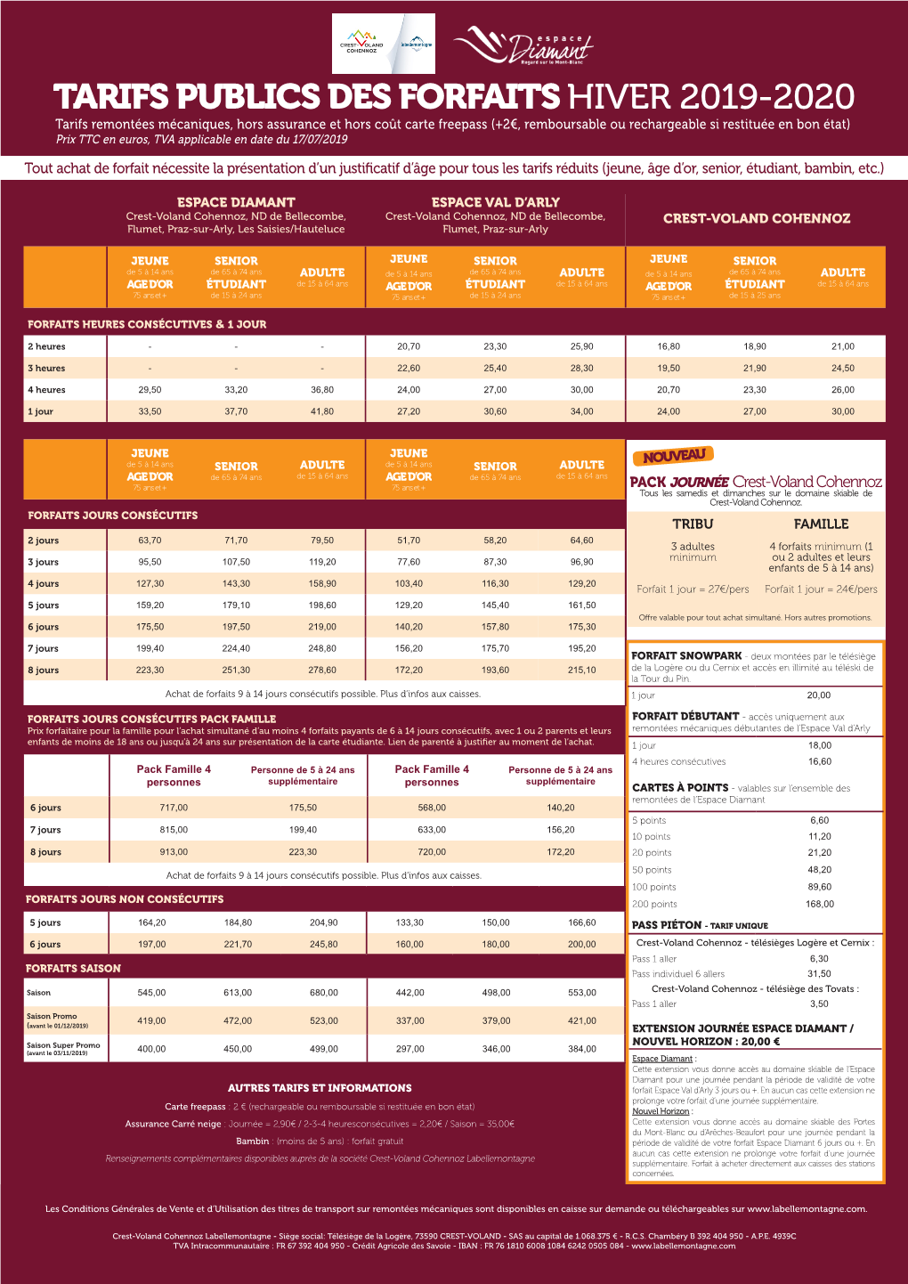 Tarifs Publics Des Forfaits Hiver 2019-2020