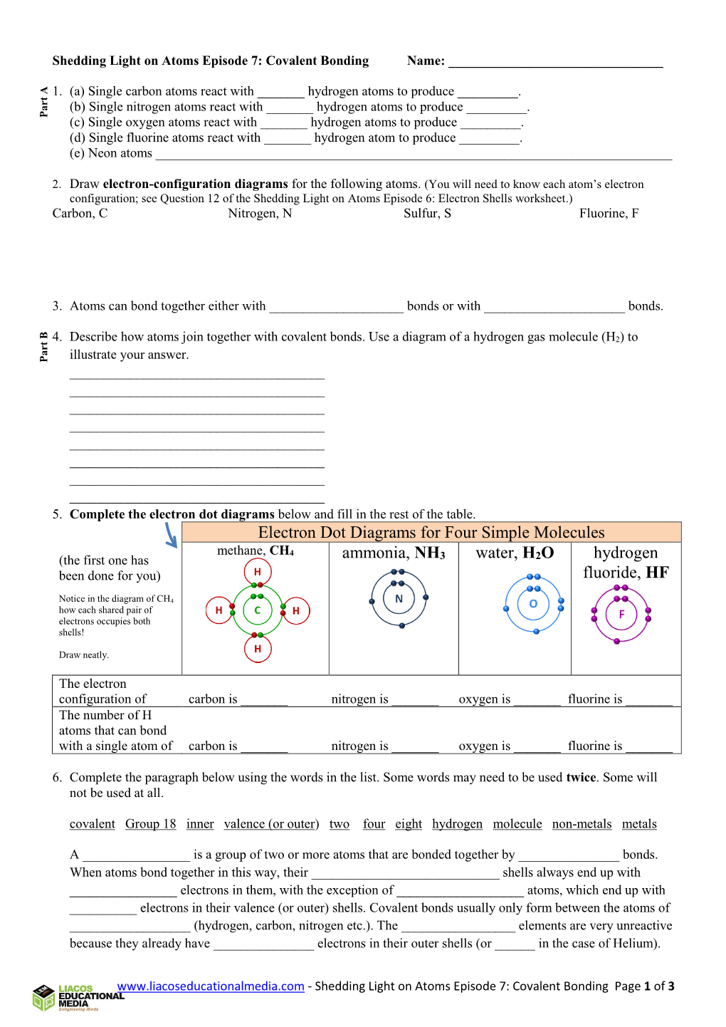 Electron Dot Diagrams for Four Simple Molecules Ammonia, NH3 Water