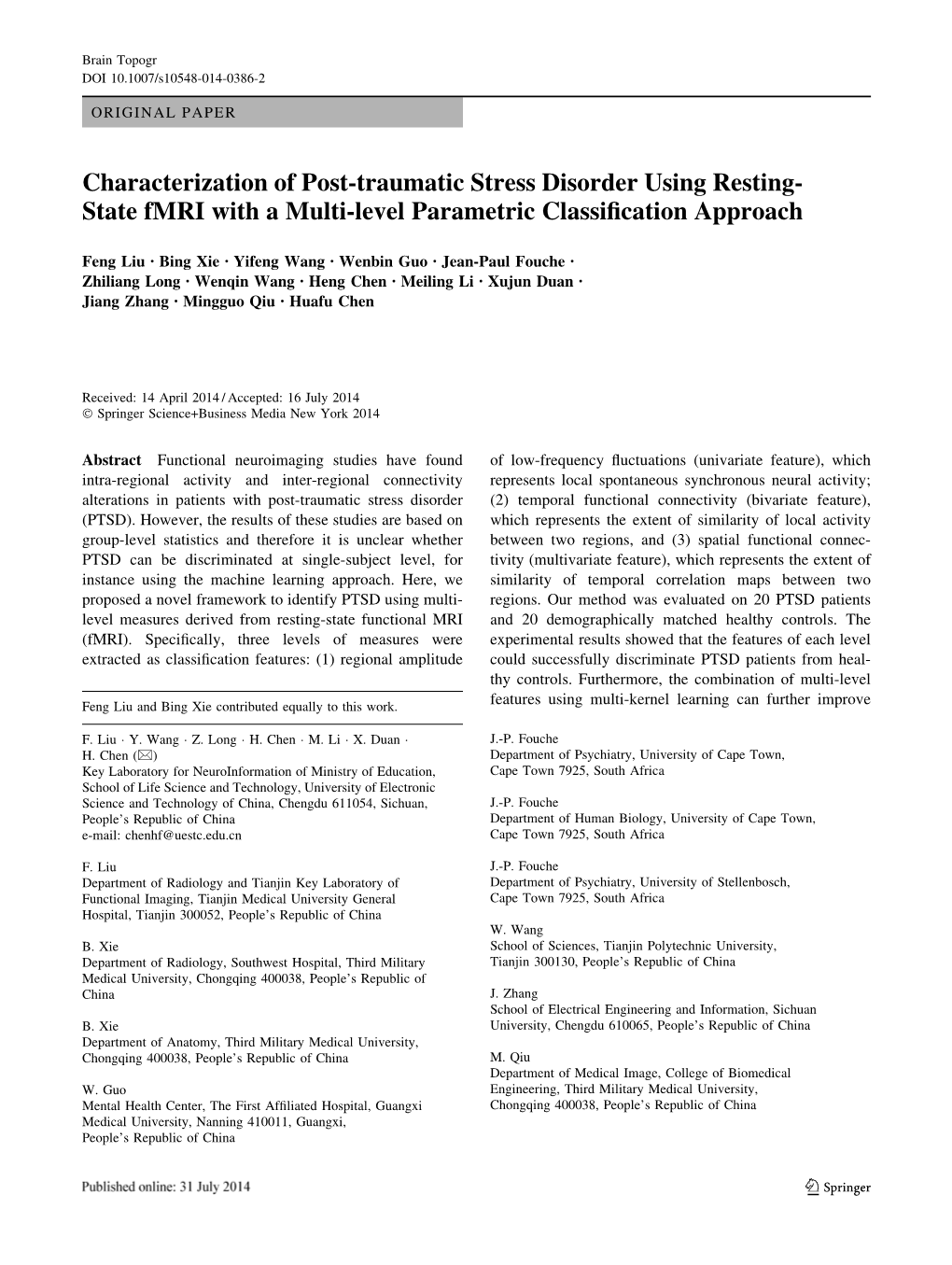 Characterization of Post-Traumatic Stress Disorder Using Resting- State Fmri with a Multi-Level Parametric Classiﬁcation Approach