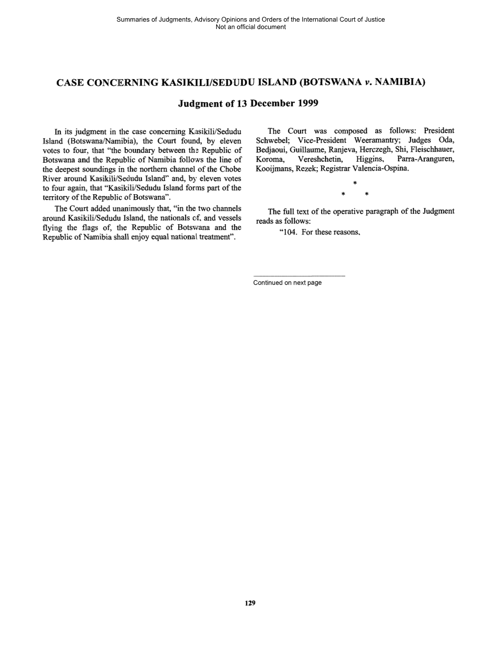 CASE Conclerning Kas1kilijsed:UDU ISLAND (BOTSWANA V. NAMIBIA) Judgment of 1:3 December 1999