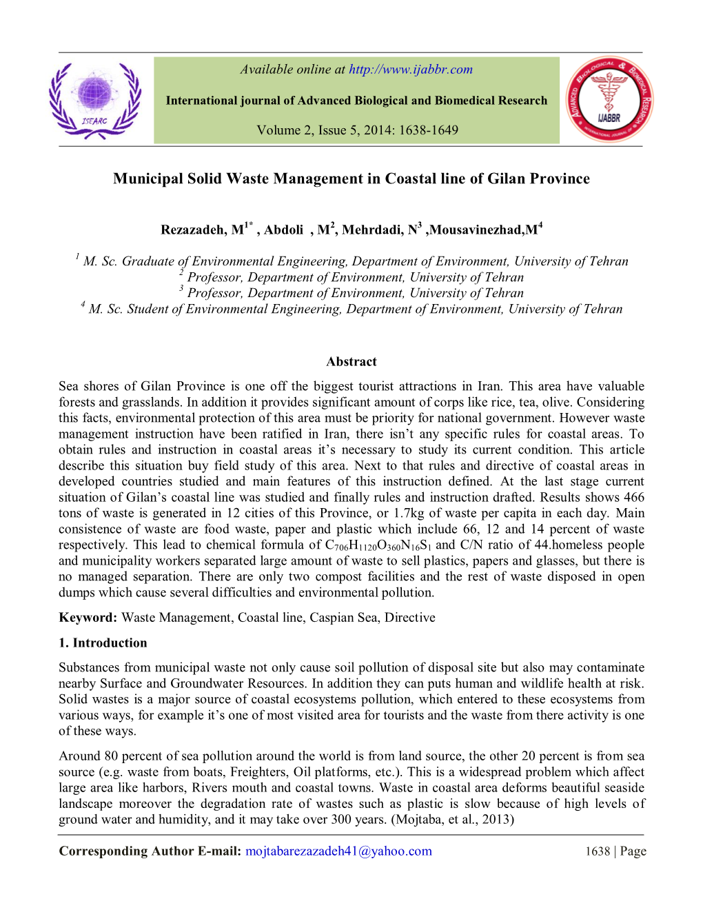 Municipal Solid Waste Management in Coastal Line of Gilan Province