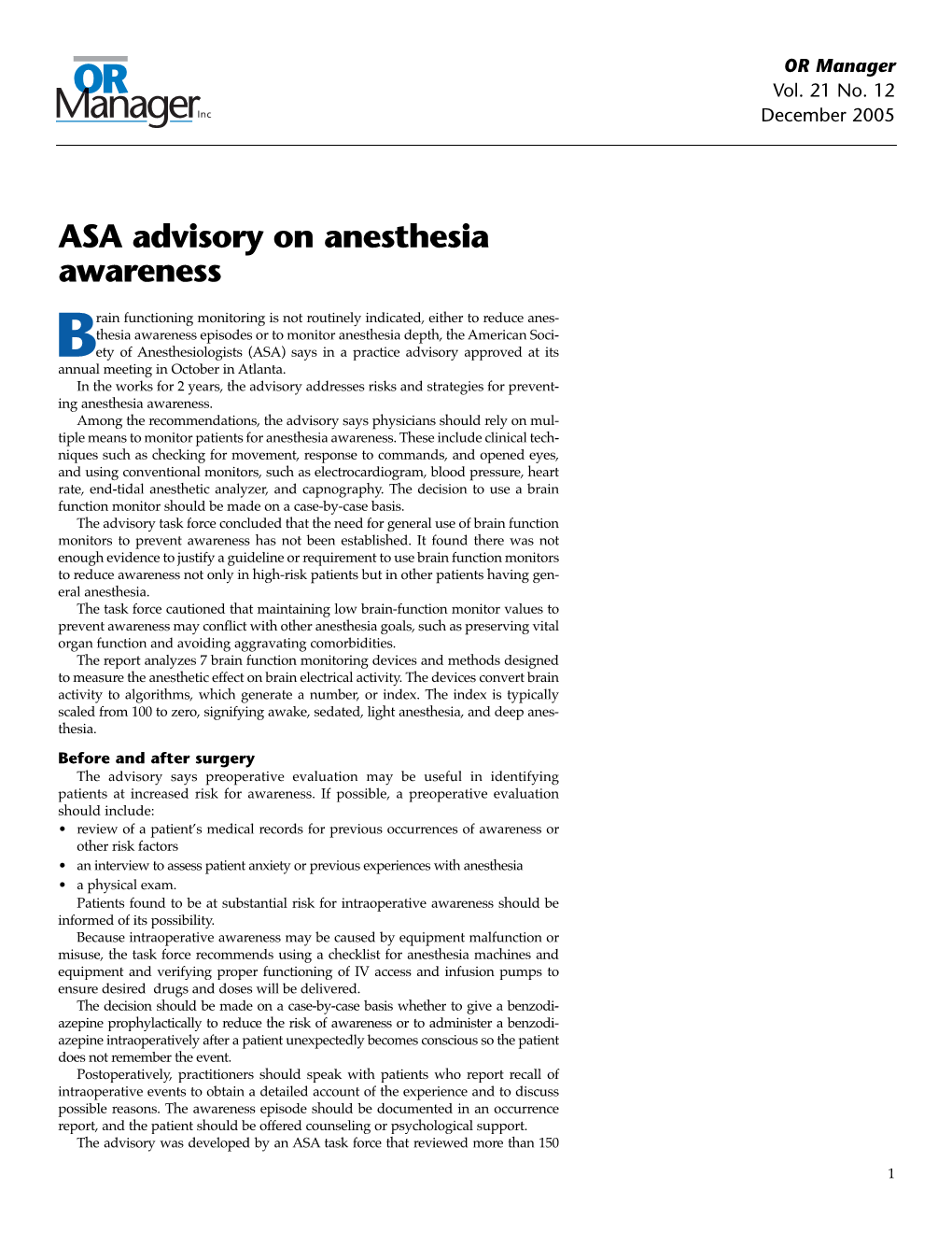 ASA Advisory on Anesthesia Awareness