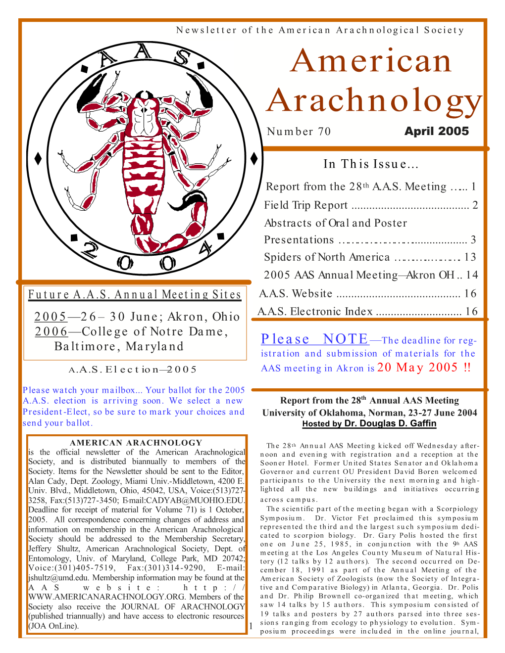 American Arachnology Number 70 April 2005