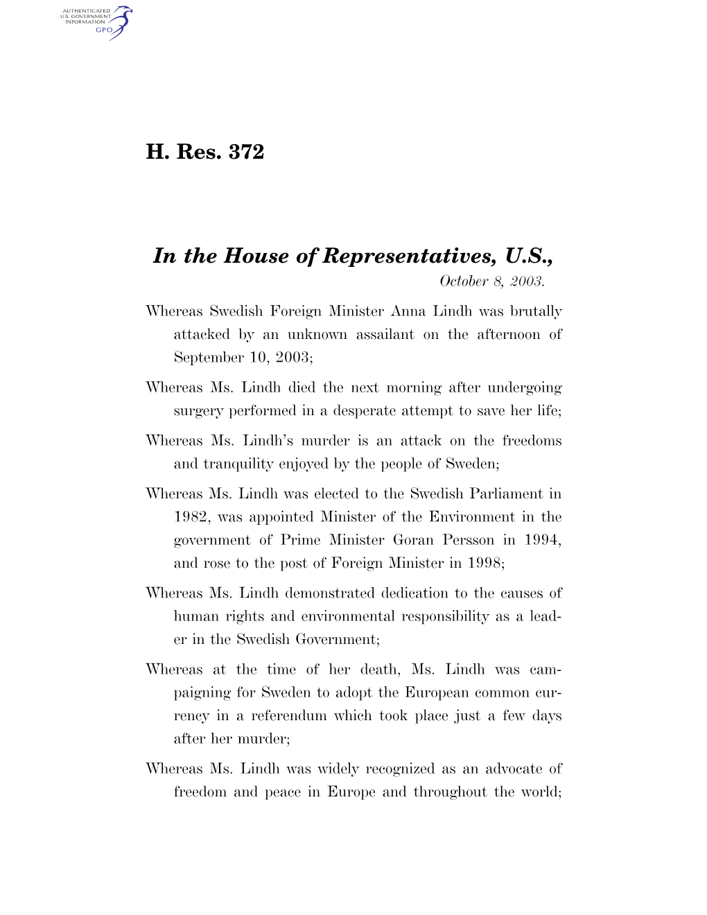 H. Res. 372 in the House of Representatives, U.S