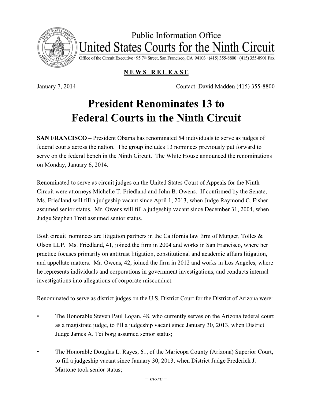 President Renominates 13 to Federal Courts in the Ninth Circuit