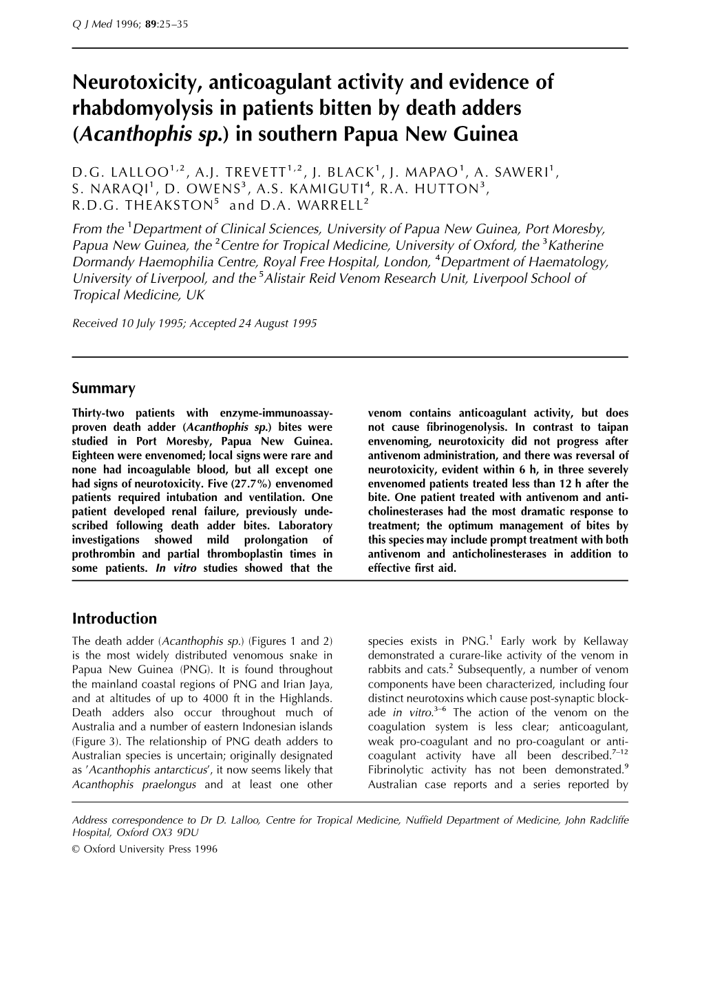 Neurotoxicity, Anticoagulant Activity and Evidence of Rhabdomyolysis in Patients Bitten by Death Adders (Acanthophis Sp.) in Southern Papua New Guinea