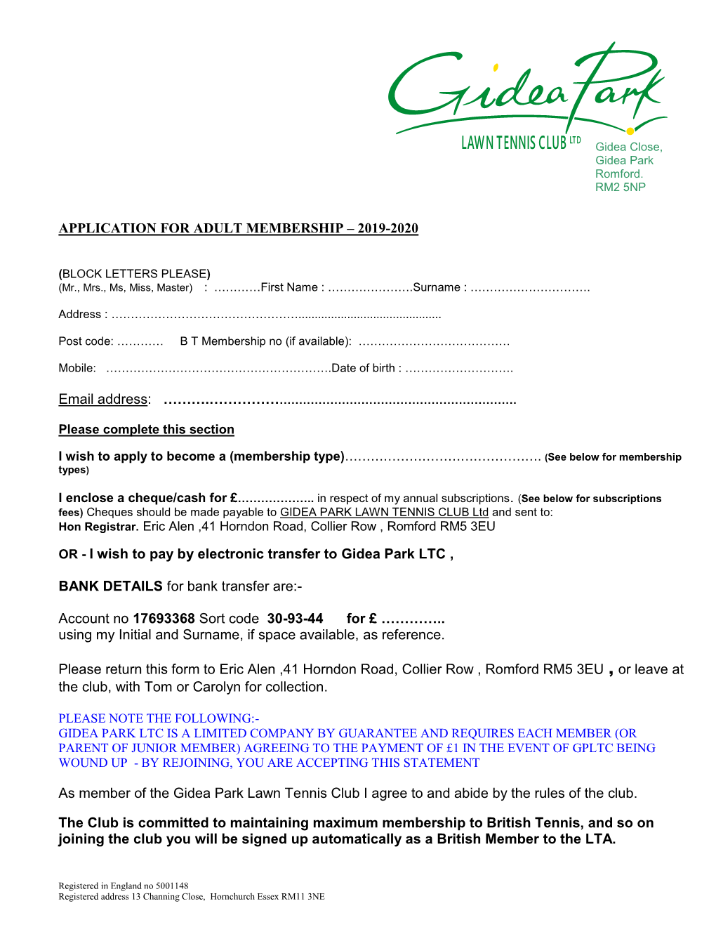 Application for Adult Membership – 2019-2020 Or